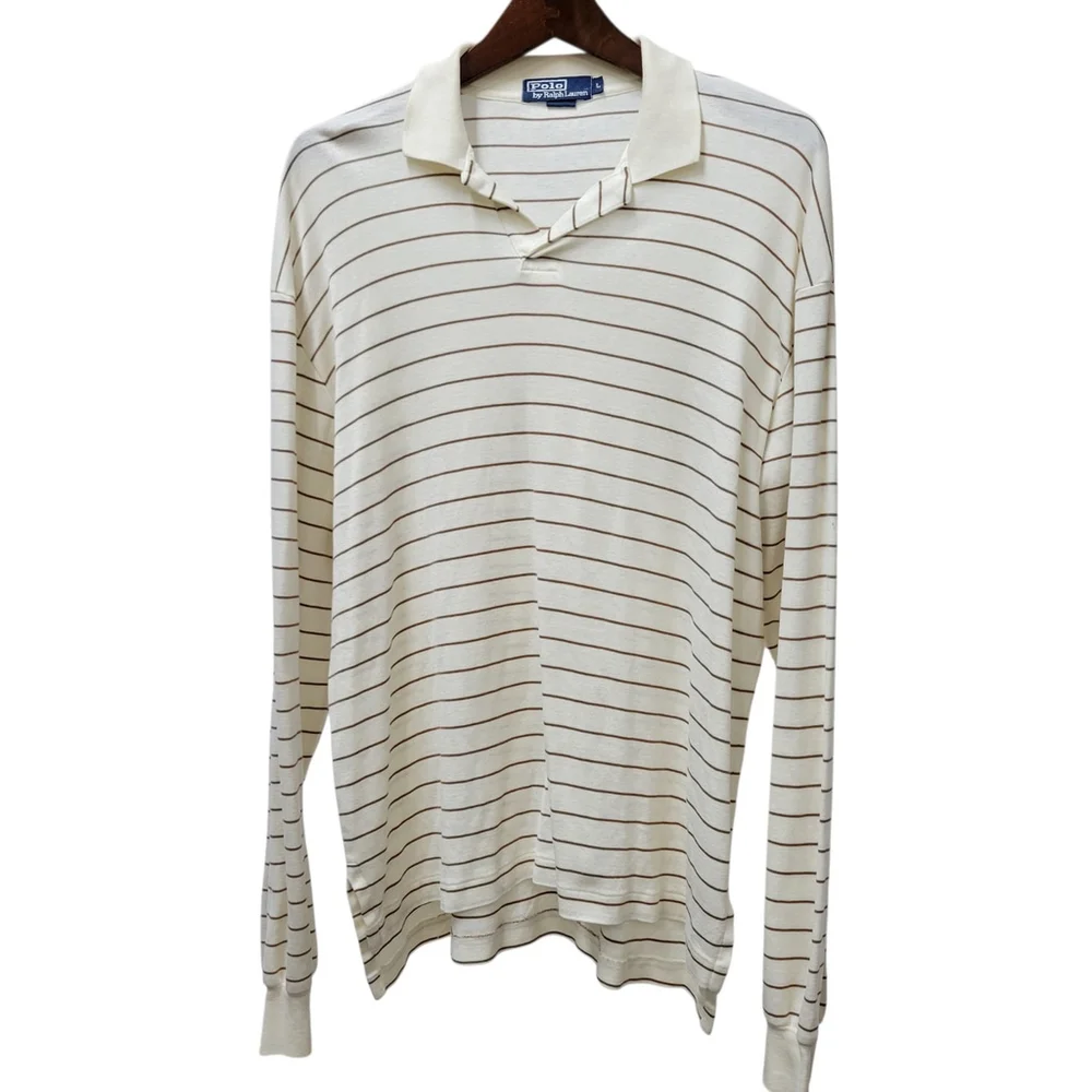 Polo Ralph Lauren Men's Long-Sleeves Beige Brown Stripe Cotton Shirt Large